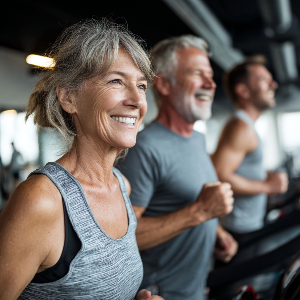 mature adults exercising in modern fitness center