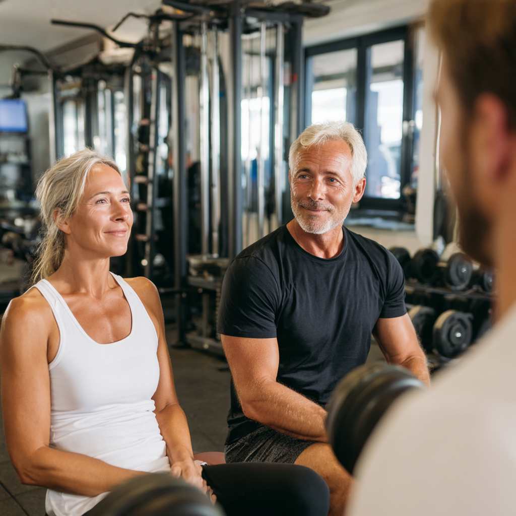 personal trainer working with middle-aged clients in gym